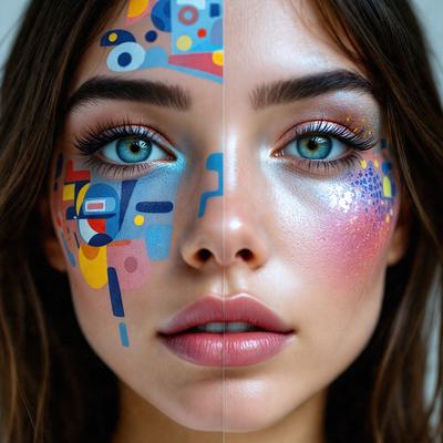 The primary subject of the image is a woman with painted eyes and face. She is wearing makeup, which includes blue eyeshadow and pink lipstick. The setting is a close-up of her face, and the visual style appears to be a combination of a photo and digital art. The colors and mood of the image are vibrant and lively, with the woman's painted eyes and face being the main focus.